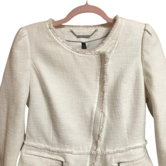 White House Black Market Women's White Tweed round neck Jacket Frayed Edges Sz 6 - Picture 2 of 14